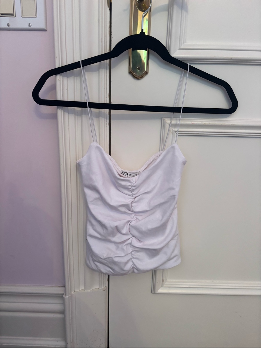 Zara White Ruched Spaghetti-Strip Cami
